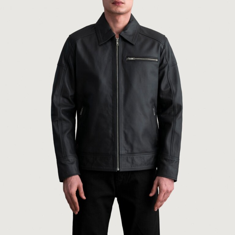 Mens Lavendard Matte Black Leather Biker Jacket Close Front-5-1724142948965